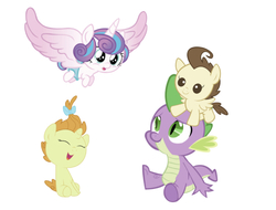 Size: 750x571 | Tagged: safe, edit, editor:undeadponysoldier, pound cake, princess flurry heart, pumpkin cake, spike, alicorn, dragon, pegasus, pony, unicorn, g4, adorable face, baby, baby dragon, baby pony, bow, cake twins, colt, cute, diaper, eyes closed, female, filly, flurrybetes, flurryspike, foal, gay, hair bow, happy, lucky bastard, male, open mouth, poundabetes, pumpkinbetes, ship:poundspike, ship:pumpkinspike, shipping, siblings, simple background, sitting, sitting on head, spikelove, spread wings, straight, twins, white background, wings