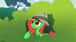 Size: 1920x1080 | Tagged: artist needed, safe, oc, oc only, oc:watermelon frenzy, pegasus, pony, bush, hat, hiding, hiding in bushes, pith helmet, solo, sparkly mane, spy