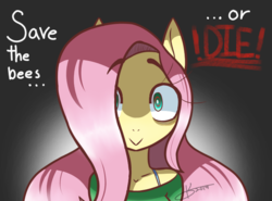 Size: 706x522 | Tagged: safe, artist:kaywhitt, fluttershy, bee, pegasus, anthro, g4, female, gradient background, save the bees, scary, solo, stare