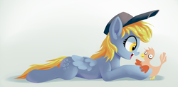Size: 3708x1818 | Tagged: safe, artist:gsphere, derpy hooves, bird, pegasus, pony, g4, deformed, female, happy, hat, mailmare hat, mare, open mouth, prone, solo