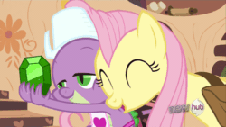 Size: 500x281 | Tagged: safe, screencap, fluttershy, spike, dragon, g4, just for sidekicks, 'new', animated, apron, clothes, cute, emerald, gem, golden oaks library, hub logo, naked apron, shyabetes, snuggling, spikelove