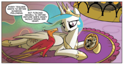 Size: 1122x586 | Tagged: safe, artist:amy mebberson, idw, official comic, philomena, princess celestia, professor inkwell, alicorn, bird, phoenix, pony, g4, micro-series #8, my little pony micro-series, comic, crown, duo, ethereal mane, female, hoof shoes, jewelry, mare, peytral, picture, prone, regalia, speech bubble