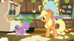Size: 1280x720 | Tagged: safe, screencap, applejack, spike, dragon, earth pony, pony, g4, season 3, spike at your service, apple, apple pie, bowing, drawer, duo, egg, egg carton, eyes closed, female, food, frying pan, kitchen, male, mare, mess, pie