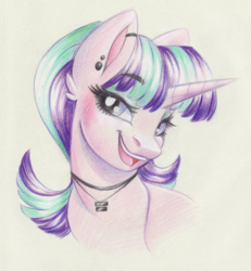 Size: 1838x1986 | Tagged: safe, artist:faline-art, starlight glimmer, pony, unicorn, g4, bust, cute, ear piercing, earring, eyeshadow, female, glimmerbetes, jewelry, lidded eyes, looking at you, makeup, mare, necklace, open mouth, pendant, piercing, s5 starlight, simple background, smiling, solo, traditional art, white background