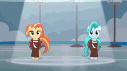 Size: 640x360 | Tagged: safe, screencap, lighthoof, ocellus, shimmy shake, yona, changedling, changeling, earth pony, pony, yak, 2 4 6 greaaat, g4, animated, audience, backflip, buckball field, cheerleader ocellus, cheerleader outfit, cheerleader yona, clothes, crowd, cute, female, gif, hay bale, mare, megaphone, pleated skirt, ponytail, school of friendship, shaking, skirt, spotlight, stomping, supercut, yonadorable