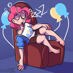 Size: 893x894 | Tagged: dead source, safe, artist:duckoiii, pinkie pie, human, g4, barefoot, couch, cutie mark, drool, eyes closed, feet, female, humanized, onomatopoeia, open mouth, sleeping, solo, sound effects, zzz