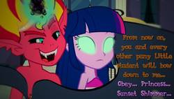 Size: 1188x673 | Tagged: dead source, safe, artist:snakeythingy, edit, edited screencap, screencap, sunset shimmer, twilight sparkle, alicorn, equestria girls, g4, my little pony equestria girls, bad end, big crown thingy, crown, element of magic, glowing eyes, jewelry, mind control, regalia, story in the source, sunset satan, twilight sparkle (alicorn)