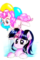 Size: 2322x3406 | Tagged: safe, artist:liaaqila, pinkie pie, twilight sparkle, earth pony, pony, g4, balloon, female, floating, high res, mare, missing cutie mark, one ear down, traditional art