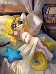 Size: 3300x4336 | Tagged: safe, artist:taneysha, oc, oc only, oc:dream puff, pony, unicorn, g4, bed, bedroom eyes, brush, cute, female, looking at you, mare, ocbetes, painting, pillow, reclining, sheet, smiling, solo, sweet dreams fuel, unicorn oc