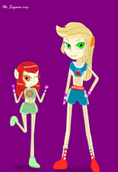 Size: 738x1078 | Tagged: safe, artist:iamthelagman, apple bloom, applejack, equestria girls, g4, clothes, crossover, exeron fighters, exeron outfit, midriff, pony ears, sports bra