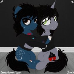 Size: 3000x3000 | Tagged: safe, artist:darkest-lunar-flower, earth pony, pony, undead, unicorn, zombie pony, annoyed, bags under eyes, blood, bone, bring me the horizon, colored pupils, colored sclera, commission, disguised siren, ear fluff, eye clipping through hair, fangs, hair over one eye, happy, high res, horn, hug, kellin quinn, lidded eyes, lip piercing, long sleeves, looking away, male, oliver sykes, ponified, scar, shirt, sitting, sleeping with sirens, slit pupils, stallion, stitches, tattoo