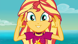 Size: 1920x1080 | Tagged: safe, screencap, sunset shimmer, equestria girls, g4, i'm on a yacht, my little pony equestria girls: better together, close-up, cute, female, looking at you, shimmerbetes, smiling, solo
