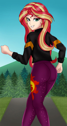 Size: 891x1670 | Tagged: safe, artist:anonix123, sunset shimmer, human, equestria girls, equestria girls specials, g4, my little pony equestria girls: better together, my little pony equestria girls: sunset's backstage pass, ass, bunset shimmer, butt, clothes, female, human coloration, humanized, jacket, like what you see?, looking at you, looking back, looking back at you, music festival outfit, pants, sexy, smiling, solo, stupid sexy sunset shimmer