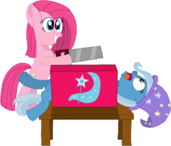 Size: 1049x896 | Tagged: safe, artist:thecastawaypariah, pinkie pie, trixie, earth pony, pony, g4, abuse, bipedal, box, box sawing trick, crosscut saw, female, magic trick, mare, pinkamena diane pie, saw, table, this will end in death, trixiebuse