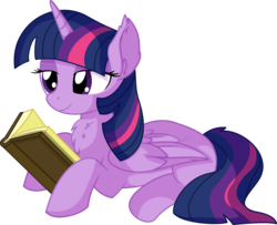 Size: 7277x5921 | Tagged: safe, artist:cyanlightning, twilight sparkle, alicorn, pony, .svg available, absurd resolution, adorkable, book, chest fluff, cute, dork, ear fluff, female, folded wings, mare, nerd, prone, reading, simple background, sitting, smiling, solo, transparent background, twilight sparkle (alicorn), vector, wing fluff, wings