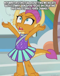 Size: 600x757 | Tagged: safe, edit, edited screencap, screencap, smolder, dragon, 2 4 6 greaaat, g4, cheerleader outfit, clothes, dragoness, female, memeful.com, op is a duck, op is trying to start shit, solo