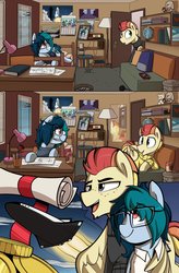 Size: 1080x1649 | Tagged: safe, artist:shinodage, oc, oc only, oc:delta vee, oc:jet stream, pegasus, pony, comic:delta vee's junkyard, bits, bookshelf, chin fluff, clothes, comic, cute, cutie mark, delta vee's junkyard, eye clipping through hair, freckles, glasses, lying on bed, mouth hold, pencil, prone, shipping, space shuttle, sweater, technical drawing, younger
