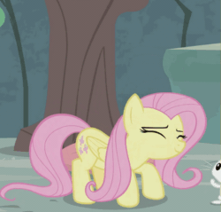 Size: 941x898 | Tagged: safe, screencap, angel bunny, fluttershy, pegasus, pony, g4, season 9, she talks to angel, animated, cropped, cushion, cute, happy, jumping, pronking, shyabetes, solo focus, tree