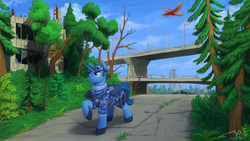 Size: 2560x1440 | Tagged: safe, artist:1jaz, oc, oc only, oc:flint, pony, unicorn, city, clothes, cloven hooves, commission, male, raised hoof, ruins, scenery, solo