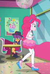Size: 730x1072 | Tagged: safe, screencap, ginger owlseye, pinkie pie, human, equestria girls, g4, my little pony equestria girls: choose your own ending, tip toppings, tip toppings: fluttershy, background human, boots, cellphone, chair, clothes, cropped, cute, fedora, female, frozen yogurt shop, geode of sugar bombs, hat, magical geodes, owlabetes, pantyhose, phone, poster, rah rah skirt, sandals, shoes, skirt, smartphone, table