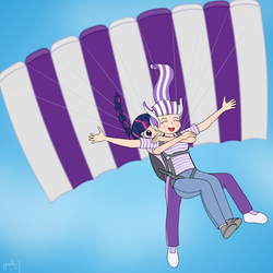 Size: 2000x2000 | Tagged: safe, artist:phallen1, twilight sparkle, twilight velvet, human, g4, air ponyville, female, high res, hug, humanized, mother and daughter, parachute, sky, skydiving, twilight day