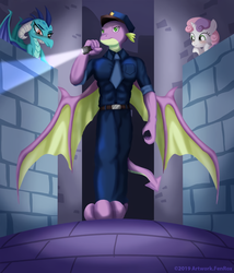 Size: 827x966 | Tagged: safe, artist:fenrox, princess ember, spike, sweetie belle, dragon, pony, unicorn, anthro, digitigrade anthro, g4, blushing, clothes, dragoness, explicit source, fanfic art, female, flashlight (object), hat, looking down, male, necktie, police, police officer, ship:emberspike, ship:spikebelle, shipping, straight, wall, winged spike, wings