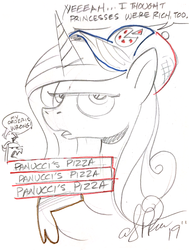 Size: 1256x1657 | Tagged: safe, artist:andypriceart, edit, editor:dsp2003, princess cadance, queen chrysalis, alicorn, changeling, changeling queen, pony, g4, annoyed, cadance's pizza delivery, comic, commission, female, food, futurama, hat, hoof hold, male, mare, open mouth, pizza, simple background, single panel, speech bubble, traditional art, white background, working