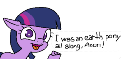 Size: 1385x677 | Tagged: safe, twilight sparkle, earth pony, pony, g4, 1000 hours in ms paint, earth pony twilight, hoof hold, horn, implied anon, simple background, speech, transparent background, what a twist