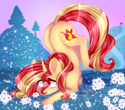 Size: 3450x3035 | Tagged: safe, artist:krissstudios, sunset shimmer, pony, unicorn, g4, face down ass up, female, flower, high res, hill, invisible stallion, mare, solo