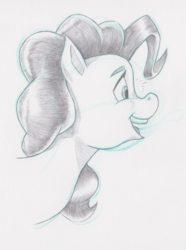 Size: 1000x1342 | Tagged: safe, artist:saturdaymorningproj, pinkie pie, earth pony, pony, g4, female, mare, monochrome, open mouth, simple background, sketch, smiling, solo, traditional art, white background