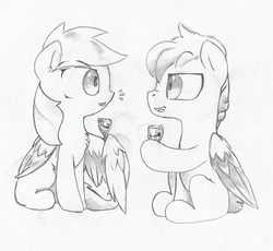 Size: 3748x3445 | Tagged: safe, artist:foxtrot3, oc, oc:cliff jumper, pony, chat, conversation, drink, duo, emanata, friends, high res, hoof hold, normal, traditional art, wing hold, wings