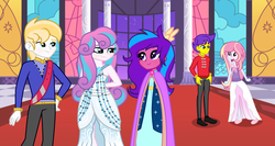 Size: 3137x1672 | Tagged: safe, artist:darbypop1, princess flurry heart, oc, oc:melody aurora, oc:mistral violet, oc:orion galaxy, oc:paladin knight, equestria girls, g4, adult, base used, brother and sister, cousins, equestria girls-ified, family bonding, female, male, not prince blueblood, offspring, older, older flurry heart, parent:flash sentry, parent:princess cadance, parent:shining armor, parent:twilight sparkle, parents:flashlight, parents:shiningcadance, royalty, siblings