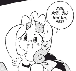 Size: 725x677 | Tagged: safe, sweetie belle, pony, unicorn, g4, my little pony: the manga, my little pony: the manga volume 1, clothes, cropped, female, filly, grayscale, implied rarity, maid, manga, monochrome, salute, solo, speech bubble