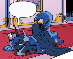 Size: 639x516 | Tagged: safe, artist:andypriceart, edit, idw, princess luna, tiberius, alicorn, opossum, pony, g4, spoiler:comicm10, butt, canterlot castle, carpet, column, comic, face down ass up, female, floppy ears, grumpy, hallway, looking back, mare, picture, picture frame, plot, speech bubble, spread wings, wings