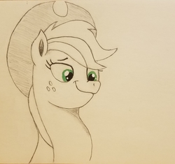 Size: 2068x1943 | Tagged: safe, artist:polar_storm, applejack, earth pony, pony, g4, amused, female, freckles, green eyes, happy, hat, mare, solo, traditional art