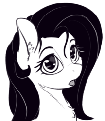Size: 1077x1248 | Tagged: safe, artist:alcor, fluttershy, pegasus, pony, g4, bust, female, grayscale, looking at you, mare, missing horn, monochrome, open mouth, portrait, solo, stray strand, three quarter view
