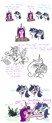 Size: 711x1700 | Tagged: safe, artist:jargon scott, princess cadance, queen chrysalis, shining armor, alicorn, changeling, changeling queen, pony, unicorn, g4, abuse, cadance is a goddamn moron, changeling noises, chirp, comic, cookie, crying, disguise, disguised changeling, female, food, former queen chrysalis, laughing, male, mare, nerf gun, quadrupedal, queen chrysalis is amused, shiningabuse, simple background, spot the imposter, stallion, white background