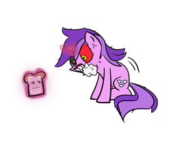 Size: 1326x1142 | Tagged: safe, artist:hawkn24, amethyst star, sparkler, pony, g4, angry, bloodshot eyes, bread, cross-popping veins, foaming at the mouth, food, frothing, insanity, mental breakdown, red eyes, yelling at food