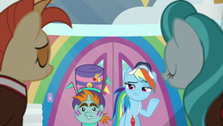 Size: 1920x1080 | Tagged: safe, screencap, lighthoof, rainbow dash, shimmy shake, snips, pony, 2 4 6 greaaat, g4, baseball cap, cap, cheerleader, coach, coach rainbow dash, colt, eyes closed, face paint, faic, hat, male, raised eyebrow, raised hoof, school of friendship, the emperor's new groove, when x just right, whistle