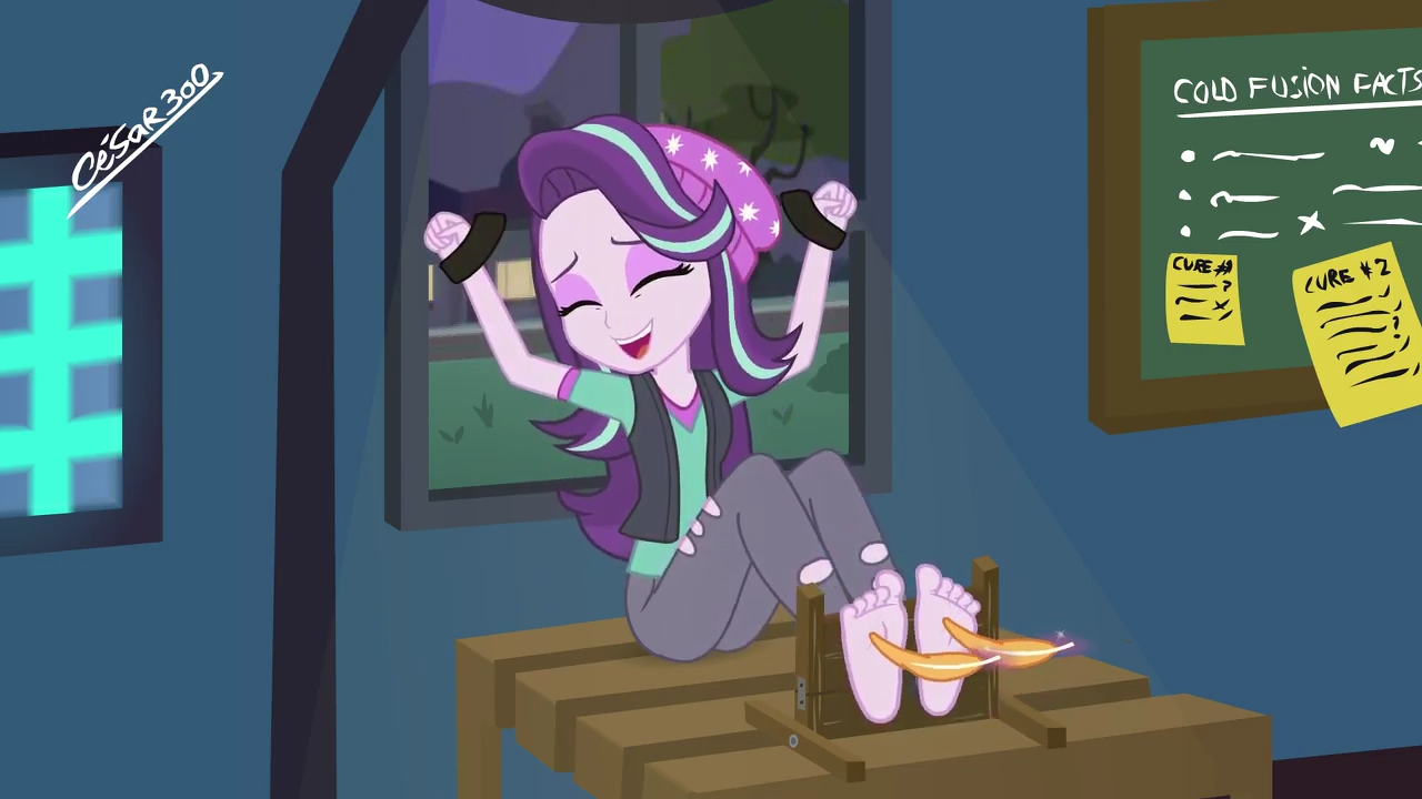 2116911 - suggestive, artist:cesar3o0, starlight glimmer, human, equestria  girls, g4, barefoot, beanie, bondage, cute, eyes closed, feather, feet,  female, fetish, foot fetish, hat, laughing, open mouth, open smile, show  accurate, smiling, solo,