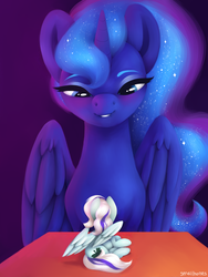 Size: 3000x4000 | Tagged: safe, artist:smallhorses, part of a set, princess luna, oc, oc:lucky, alicorn, pegasus, pony, g4, commission, duo, duo female, female, lip bite, mare, micro, size difference