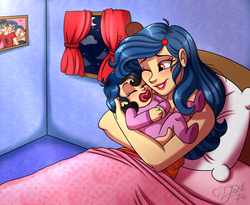 Size: 2800x2300 | Tagged: safe, artist:jack-pie, oc, oc:diamond coat, human, baby, bed, bedroom, blanket, clothes, crescent moon, cute, eyes closed, high res, humanized, humanized oc, moon, night, pacifier, pillow, self paradox, sleeping, stars