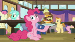 Size: 1920x1080 | Tagged: safe, screencap, bon bon, fluttershy, golden crust, lyra heartstrings, midnight snack (g4), pinkie pie, sweetie drops, earth pony, pegasus, pony, unicorn, a trivial pursuit, g4, abdominal bulge, animated, butt, cupcake, cute, diapinkes, eating, faic, female, food, friendship student, gif, grin, male, mare, object vore, open mouth, pica, pinkie being pinkie, plot, sitting, smiling, stallion, stuffed, stuffed belly, stuffing, swallowing, that pony sure does love eating