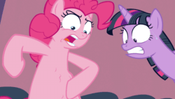 Size: 1920x1080 | Tagged: safe, screencap, pinkie pie, twilight sparkle, alicorn, pony, a trivial pursuit, g4, animated, belly, faic, female, gif, hungry, looking at belly, pinkie pie is not amused, poking, ripple, ripples, squishy, stomach growl, stomach noise, talking, tummy poke, twilight sparkle (alicorn), unamused