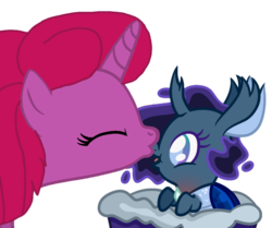 Size: 1293x1080 | Tagged: safe, artist:徐詩珮, oc, oc:betty pop, pony, unicorn, baby, female, kissing, magical lesbian spawn, mare, offspring, parent:glitter drops, parent:tempest shadow, parents:glittershadow, simple background, transparent background