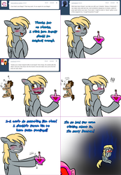 Size: 1562x2255 | Tagged: safe, artist:jitterbugjive, derpy hooves, doctor whooves, time turner, earth pony, pony, lovestruck derpy, g4, ask, blushing, food, juggling, love potion, marshmallow, tumblr