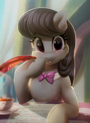 Size: 2197x3000 | Tagged: safe, artist:light262, octavia melody, earth pony, pony, g4, anatomically incorrect, beautiful, blushing, bowtie, chest fluff, commission, cute, daaaaaaaaaaaw, female, food, high res, hoof hold, human shoulders, looking at you, mare, quill, smiling, solo, tavibetes, tea
