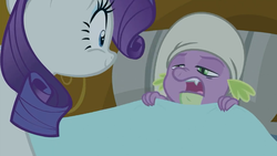 Size: 1280x720 | Tagged: safe, screencap, rarity, spike, pony, unicorn, dragon dropped, g4, bed, claws, clothes, female, hat, male, mare, nightcap, pajamas, spike's bed