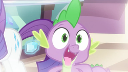 Size: 1280x720 | Tagged: safe, screencap, rarity, spike, dragon, pony, unicorn, dragon dropped, g4, behaving like a dog, cute, cute little fangs, fangs, female, flashback, gem, male, mare, spikabetes, tongue out, winged spike, wings
