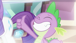 Size: 1280x720 | Tagged: safe, screencap, rarity, spike, dragon, pony, dragon dropped, g4, claws, cutie mark, eyes closed, fangs, female, flashback, gem, male, mare, offscreen character, thumbs up, winged spike, wings